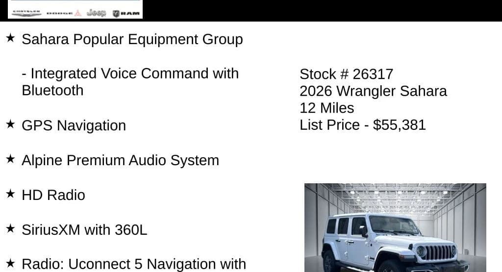 Jeep Wrangler Sahara 4 Door 4x4 2026 — side view