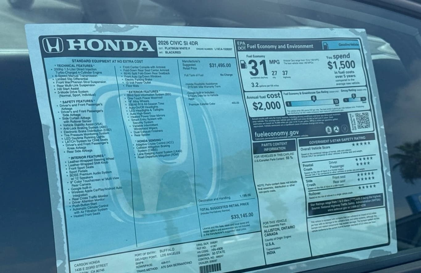 Honda Civic Si Base (M6) Manual 2026 — side view