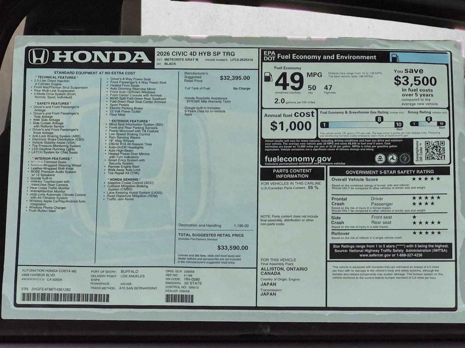 Honda Civic Sedan Hybrid Sport Touring CVT 2026 — side view