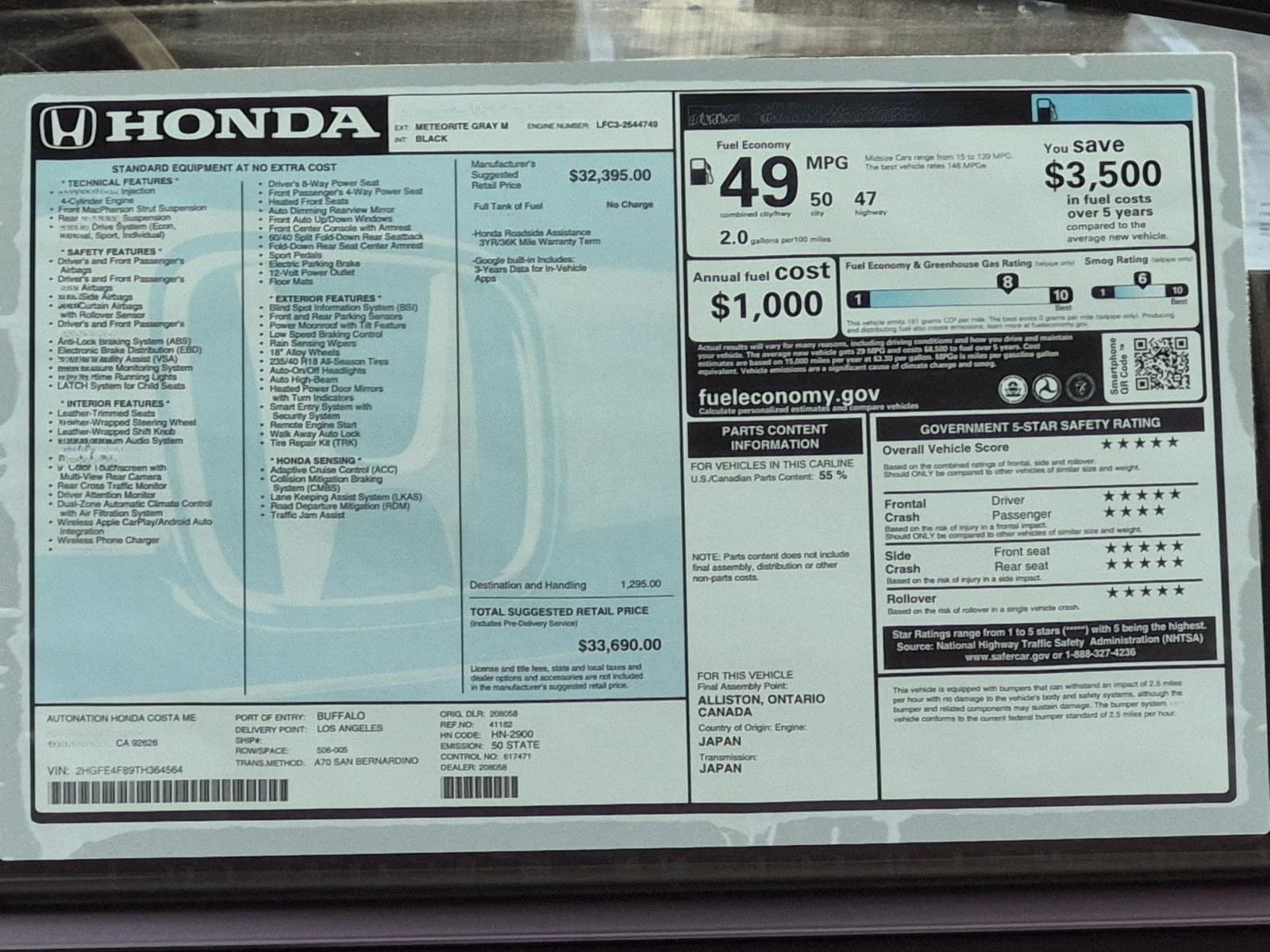 Honda Civic Sedan Hybrid Sport Touring CVT 2026 — side view