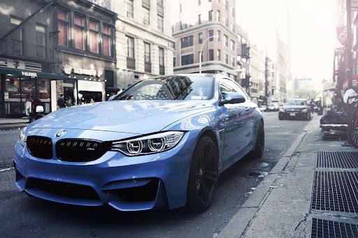 Blue BMW in New York city