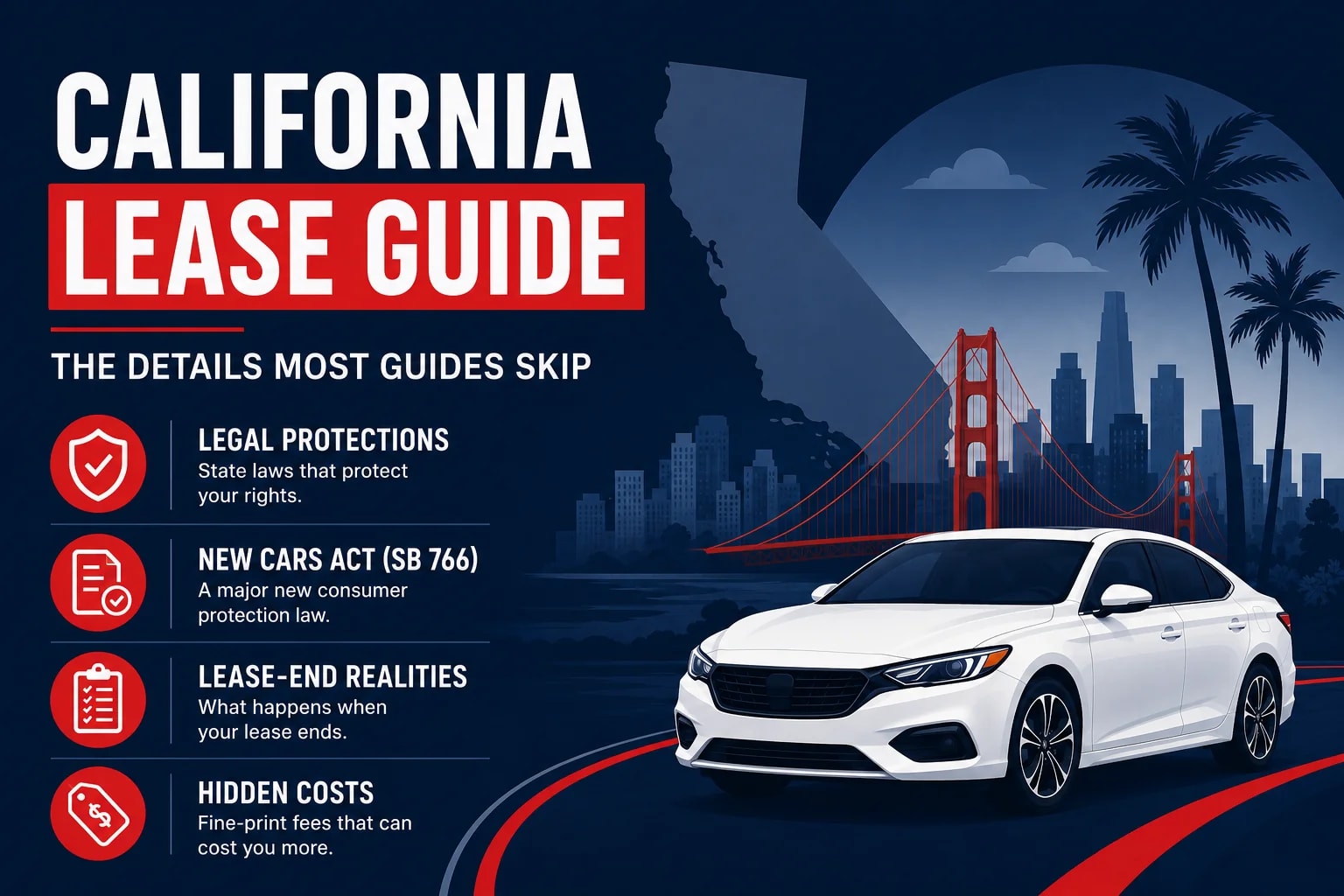 California lease guide graphic featuring a white car, California map, Golden Gate Bridge, and icons representing legal protections, lease-end rules, and hidden costs.