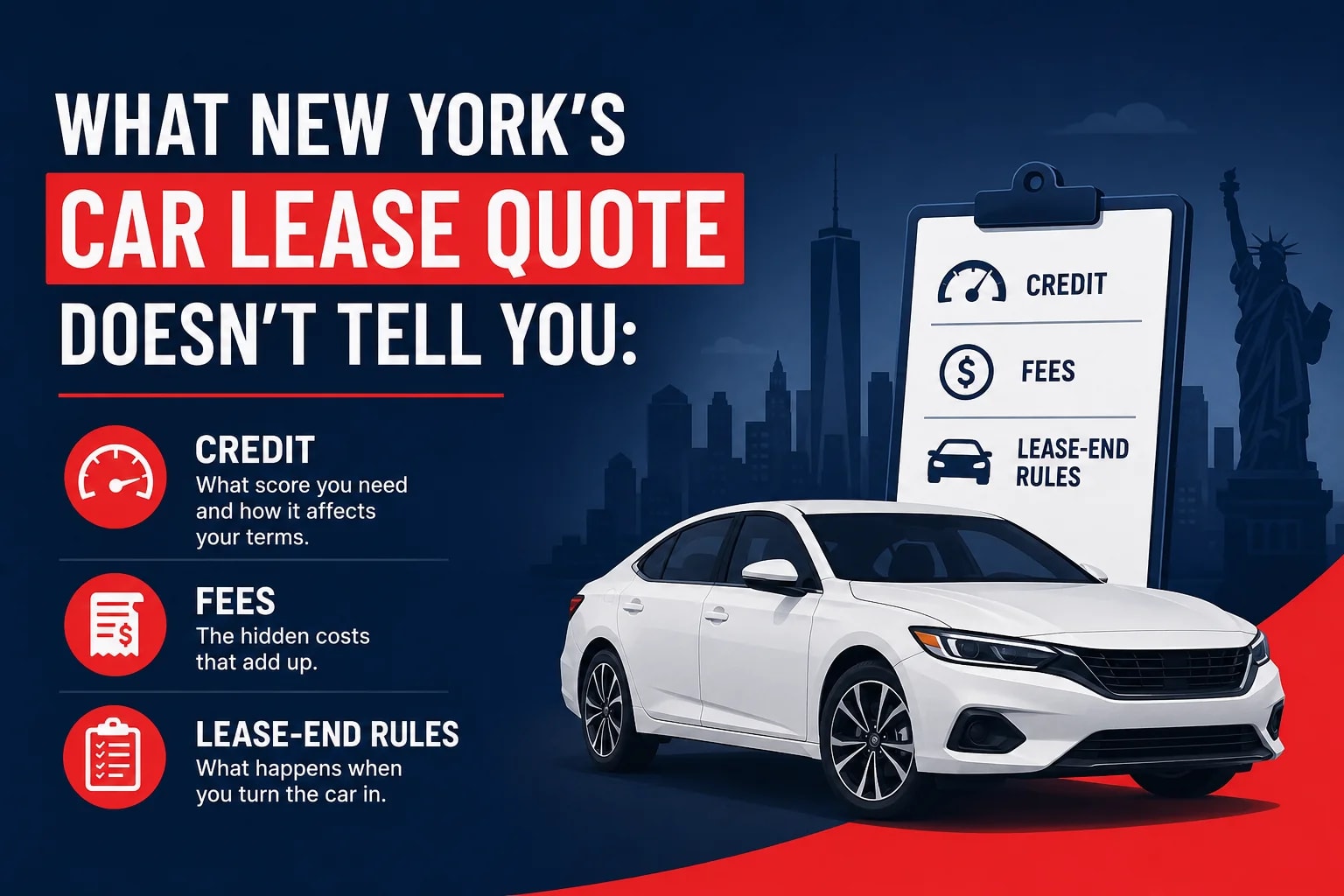 Illustration of a white leased car in front of the New York skyline with icons highlighting credit requirements, hidden lease fees, and lease-end rules on a dark blue and red background.